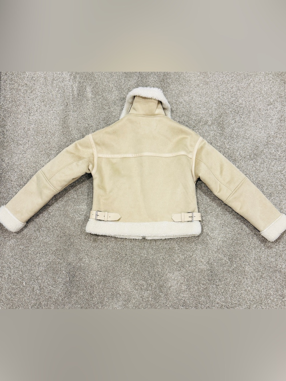 ZARA Double Faced Faux Suede Shearling Jacket Cream Beige Aviator Biker Size XS - Picture 9 of 11